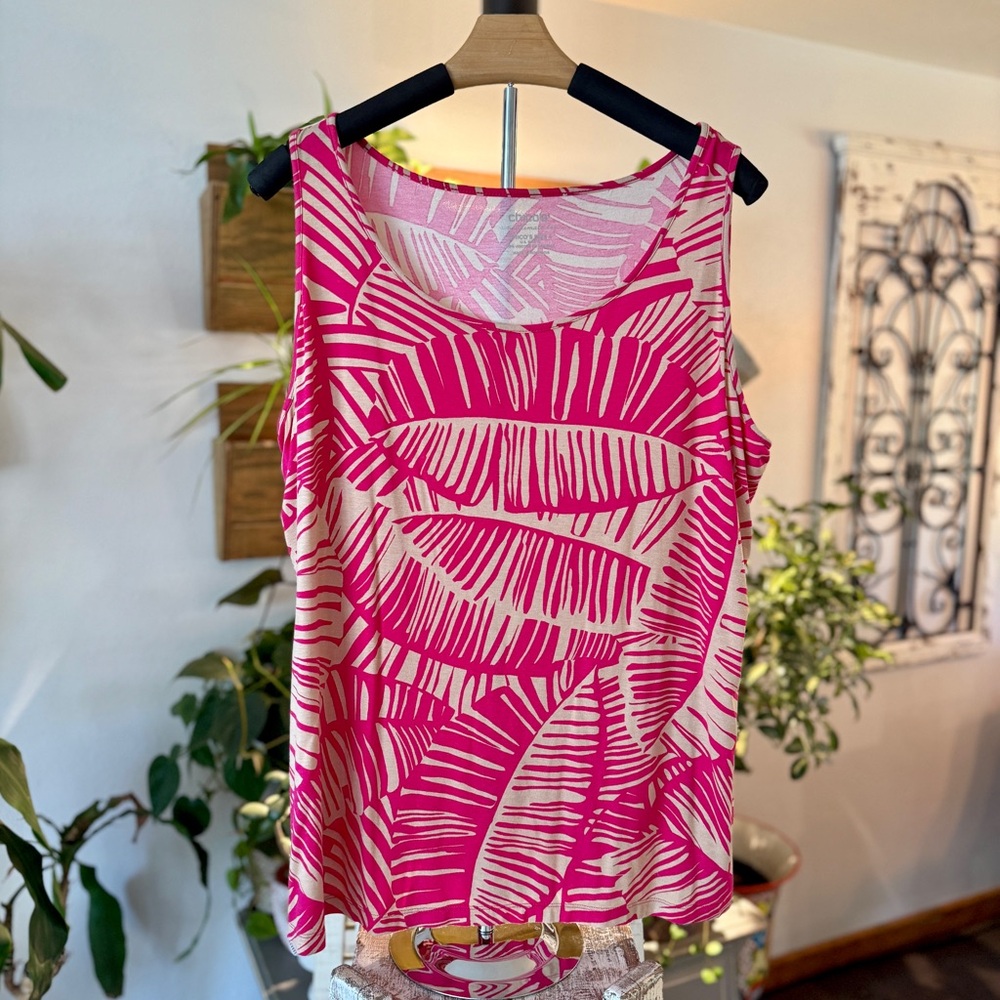 Chico's Hot Pink Tropical Leaf Print Tank The Ultimate Tee